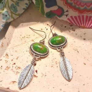 Silver Feather Earrings with Green Marbled Stones | NWOT